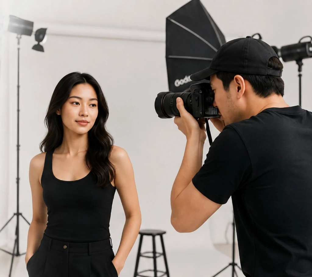 Photographer capturing a talent during a bookd! Client Ready studio session