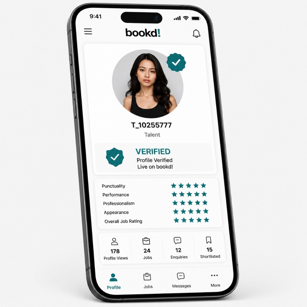 Verified bookd! talent profile shown on a mobile phone