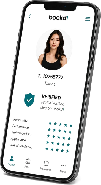 bookd! verified talent profile shown on a mobile phone